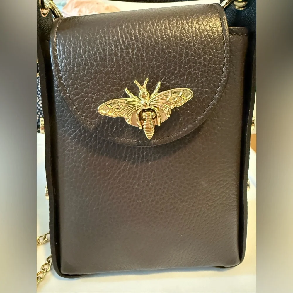 LIKE NEW Dark Brown Leather Crossbody Purse with Gold Colored Accents - Picture 2 of 7